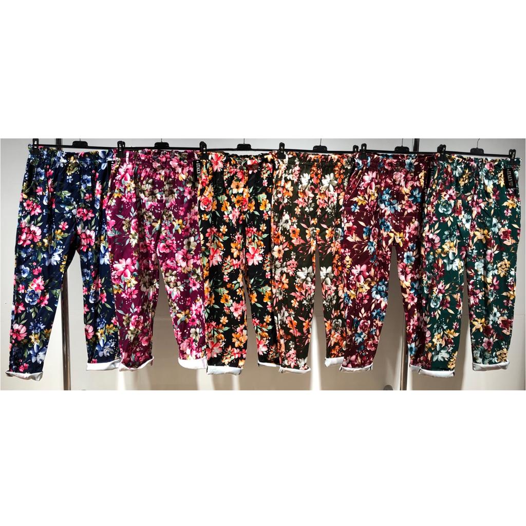 Pantalon Jardin floral con boton, tiro alto + nido abeja